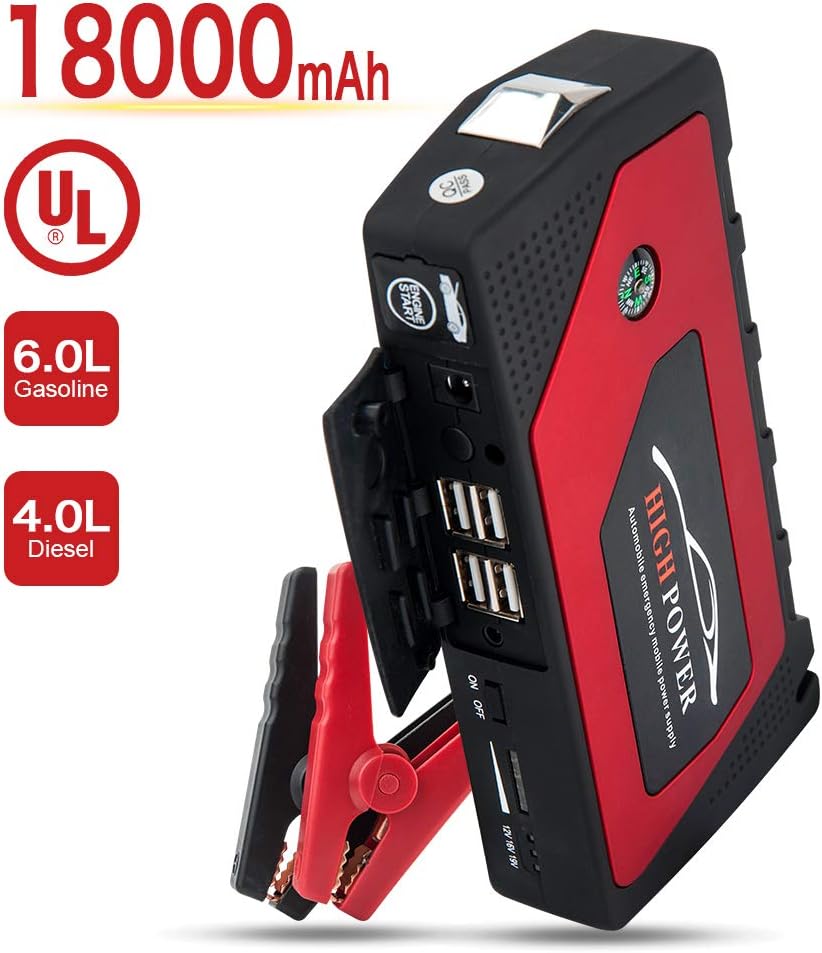 Relassy 600A Peak 18000mAh Car Jump Starter(Up to 6.0L Petrol or 4.0L Diesel Engine), Portable Power Pack with 12V Auto Battery Booster, Jump Starter Power Bank with 4 Built-in LED Light，LCD Screen,