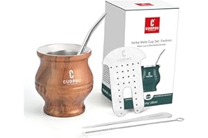 Yerba Mate Cup - Mate Gourd Set Includes Double Walled Stainless Steel Tea Cup, Tea Shaper set, Bombilla Straws, Cleaning Bru