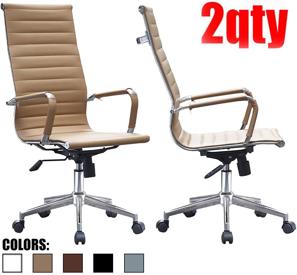 2xhome - Modern High Back Tall Ribbed PU Leather Swivel Tilt Adjustable Chair Designer Boss Executive Management Manager Office Conference Room Work Task Computer (Tan x2)