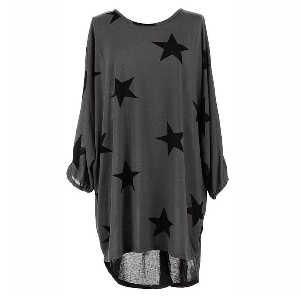 ENJOYNIGHT Womens One Shoulder Casual Printed Long Sleeve Batwing Tunic Top Mini Dress (Large, Grey)