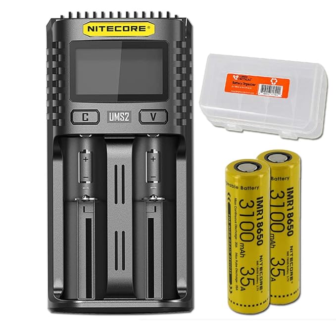 NITECORE UMS2 Intelligent USB Dual-Slot Superb Battery Charger with 2X Nitecore Rechargeable IMR Batteries LumenTac Battery Organizer
