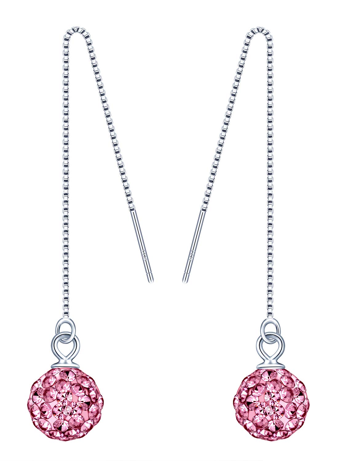 Woman's Girl's Sterling silver Earrings, 925 silver Thread, Ear Wire for girl, Color shiny crystal ball Dangle & Drop, gift for Birthday, Valentine's Day and Christmas