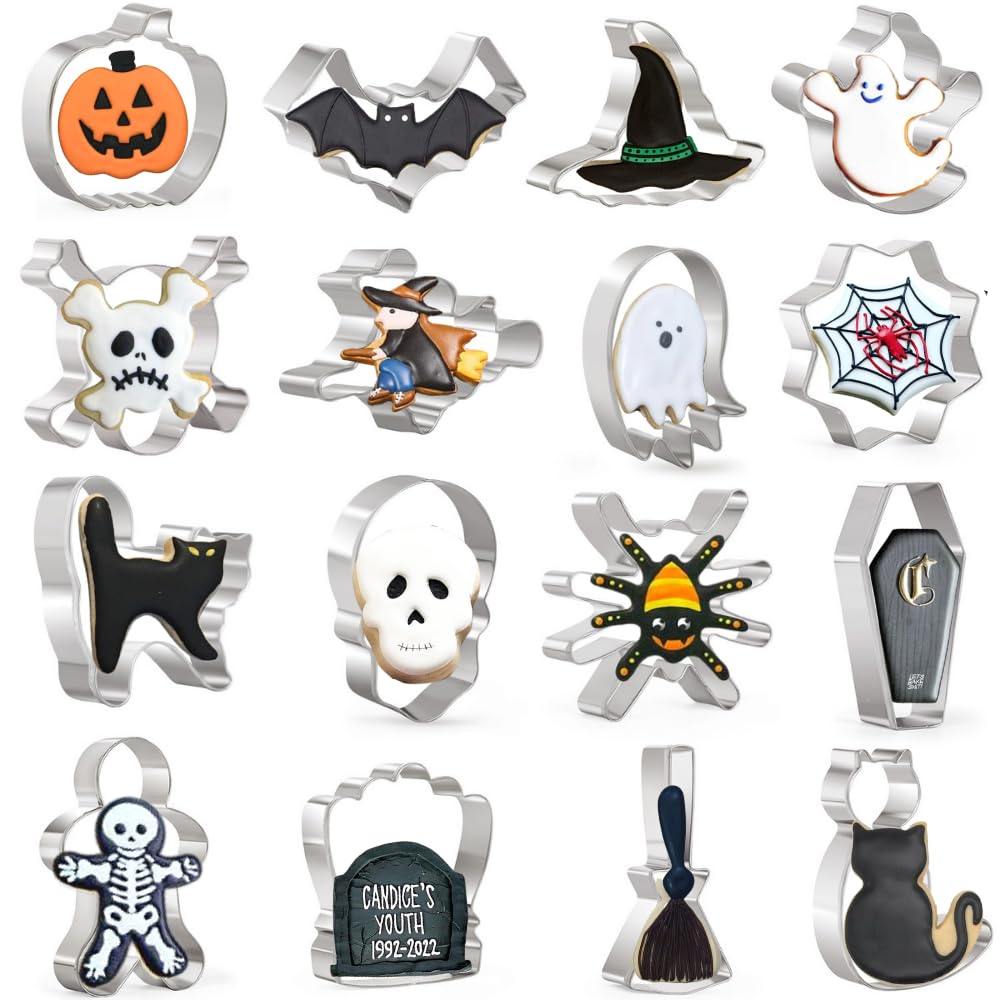 Halloween Cookie Cutters Set,16 Shapes Biscuit Cutters Halloween - Ghost, Bat, Pumpkin, Cat, Witch, Spider, Skull, Gingerbread Man, Etc. for Baking Stainless Steel
