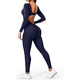 YEOREO Long Sleeve Jumpsuits for Women V Back Bodysuit Workout Full Length Bodycon Scrunch Leggings One Piece Romper