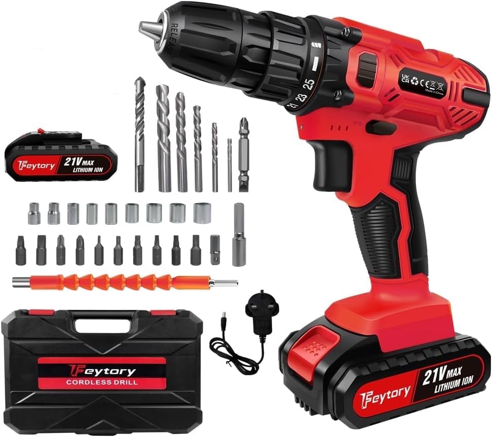 Qimu 21V Cordless Drill Set 1.5Ah Battery 2 Speed 25+1 Torque 3/8" Chuck