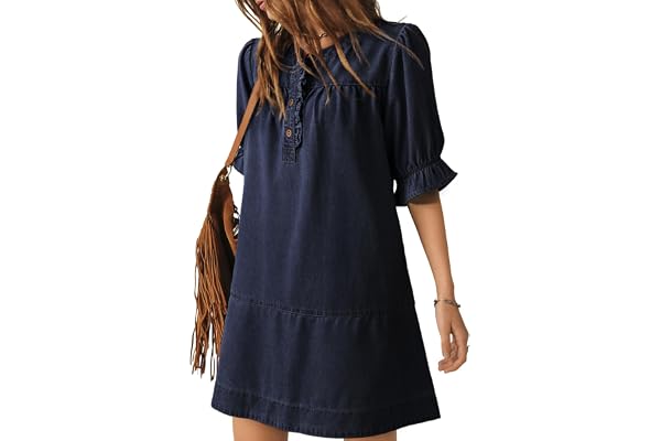 Dokotoo Women's Denim Dress Ruffle Short Sleeve Button Cowgirl Jean Dress | Crewneck,Flare Sleeve,Babydoll,Button Down,Loose 