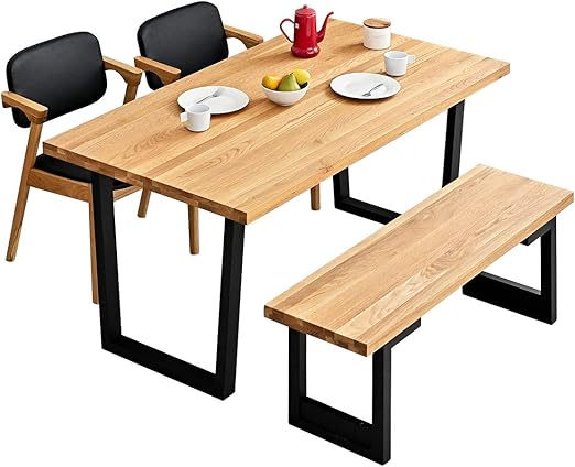 Amazon ダイニングテーブルセット アイアン脚風 4人掛け ベンチ チェア2脚 4点セット 150cm 無垢 オーク ブラック脚 A ダイニングセット オンライン通販