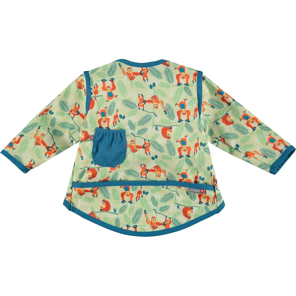 Close Pop-in Toddler Long Sleeve Bib with Front Pocket from 18 to 36 months old | Machine washable at 40 degrees | Stage 4 Orangutan Print