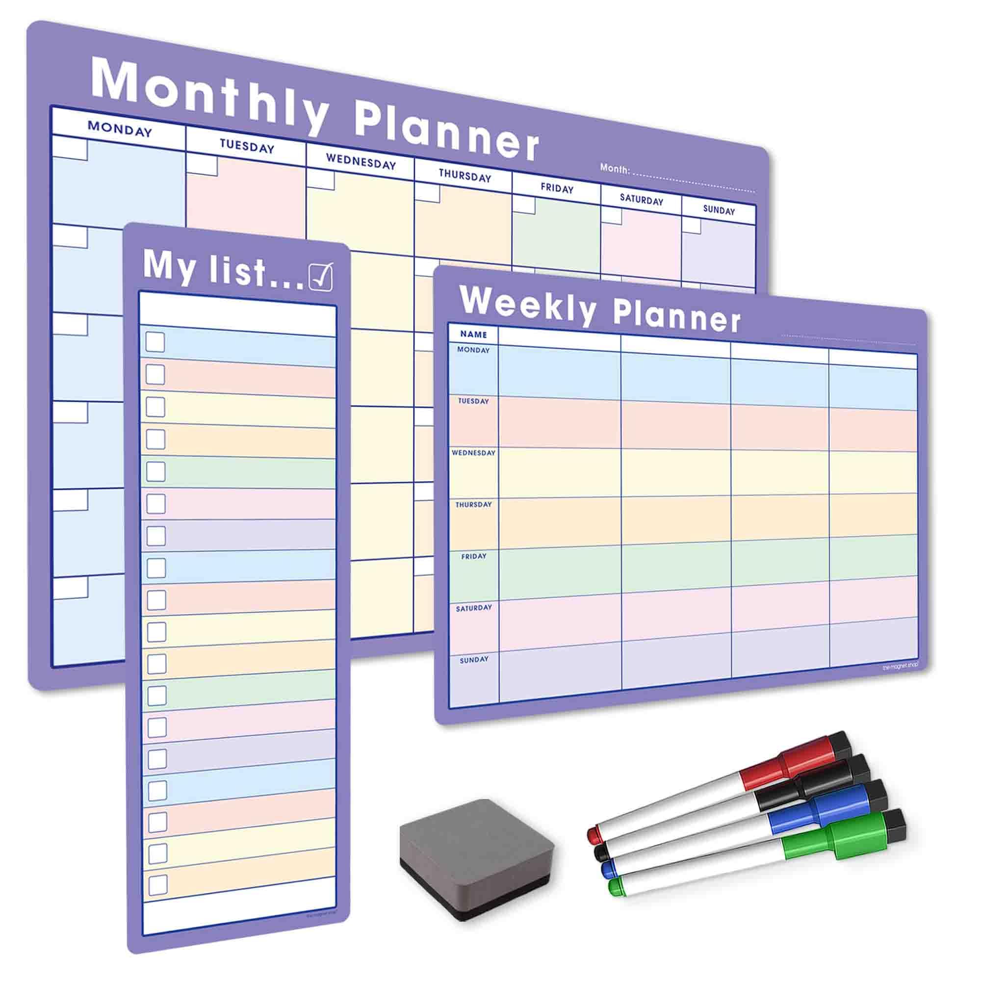 TMS #1 Magnetic Whiteboard Planner Pack/Custom Dry Erase Set | Weekly Planner, My List, Monthly Calendar | 4 Dry Wipe Marker Pens, Eraser (Pastel/Purple, Bundle 1)