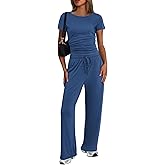 Ekouaer Women's 2 Piece Sets Outfits Short Sleeve Wide Leg Tracksuits Casual Lounge Set Matching Sets with Pockets