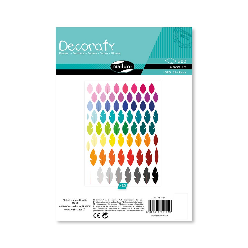 Maildor AE182C - STICKERS Decorate - 20 sheets 21x14.8 cm - FEATHERS (1320 stickers) THEME - Children's Arts and Crafts Accessories - Creative and Leisure