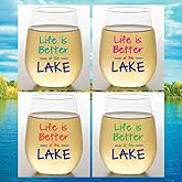Set of 4 Shatterproof Designer 16 oz Plastic Wine Glasses MADE in the USA (LIFE IS BETTER AT THE LAKE)