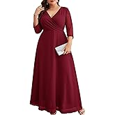 ZOMVA Plus Size Maxi Formal Dress Lace Chiffon Floral V-Neck Wrap Wedding Guest Evening Gown Cocktail Prom 3/4 Sleeves