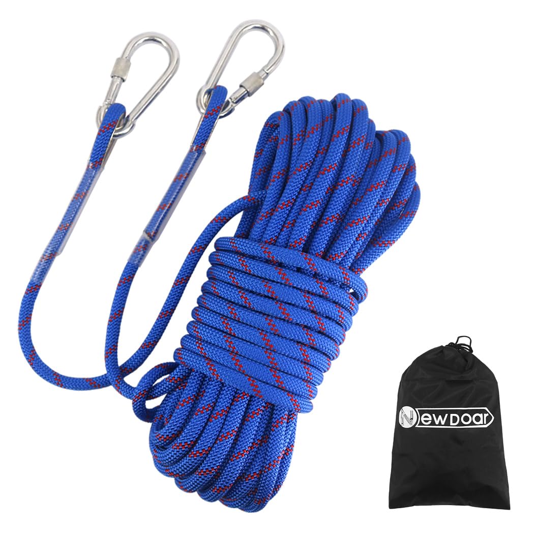 Photo 1 of NewDoar Climbing Rope 8(5/16in),10mm (3/8in), High Strength Accessory Cord Rope with 2 Steel Hooks, for Outdoor Rescue Rappelling Rope Down Cliffs ledges Safety Escape Tow Strap Equipment(Blue)