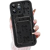 KANGHAR Case for iPhone 15 Pro Max Card Slot Phone Case, Cute Bow Design with Card Holder for Women Girls Slim Shockproof Wallet Cover-Black