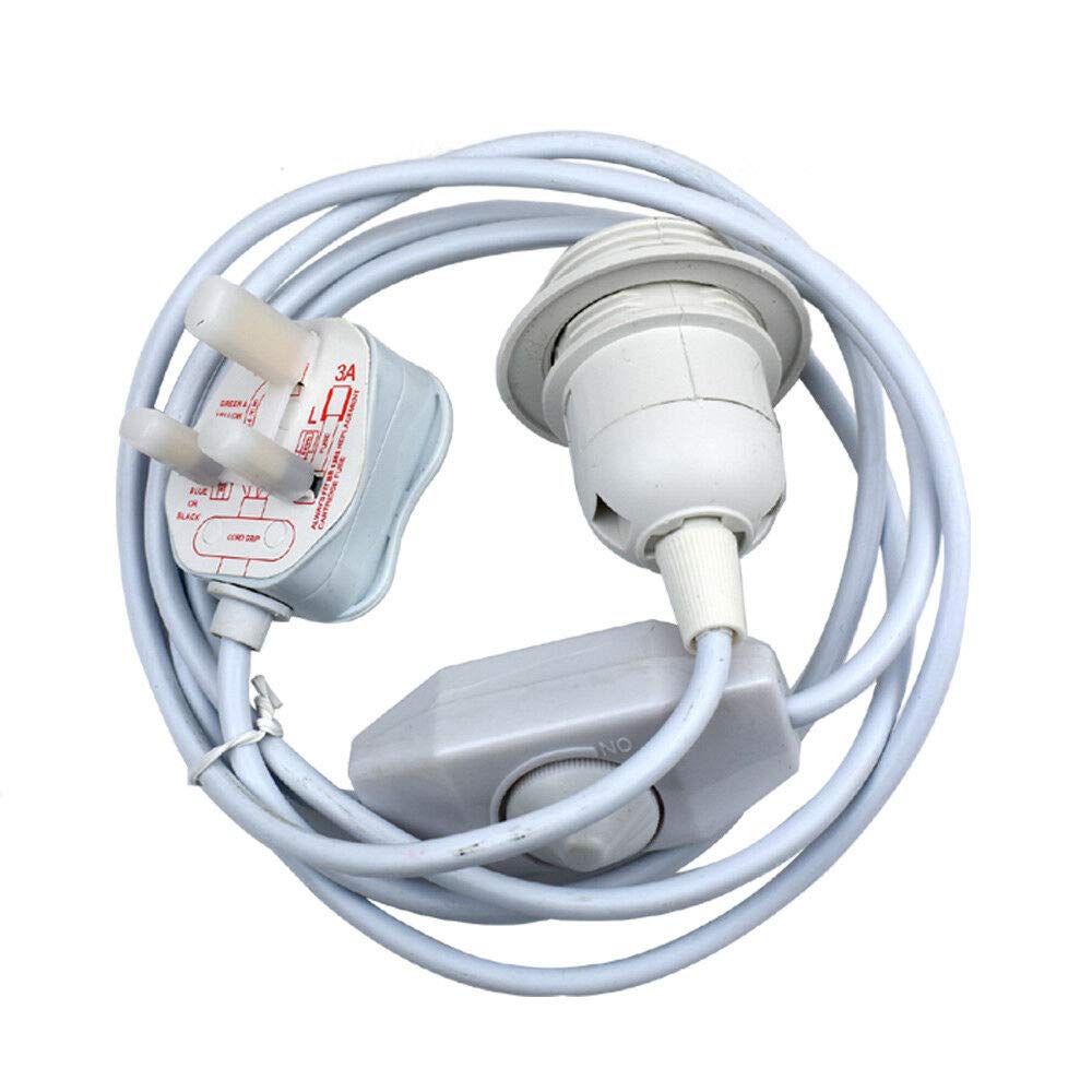 LEDSone E27 Plug-In hanging Pendant Light Bulb Socket Cord, 2m Fabric Cable Plug with Dimmer Switch (White)