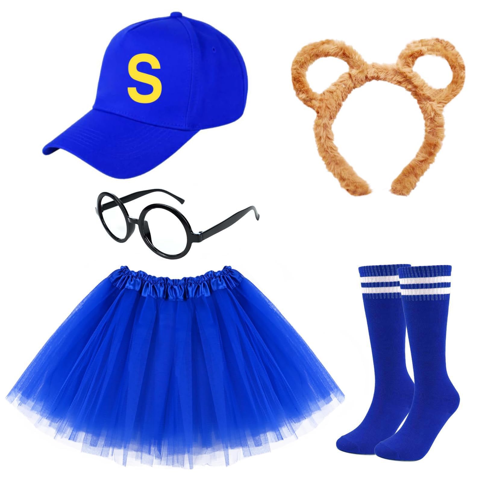 Kavoc 5Pcs Chipmunk Costume Set Including Chipmunk Ears Headbnad Round Glasses Knee-High Socks for Halloween Party (Blue)