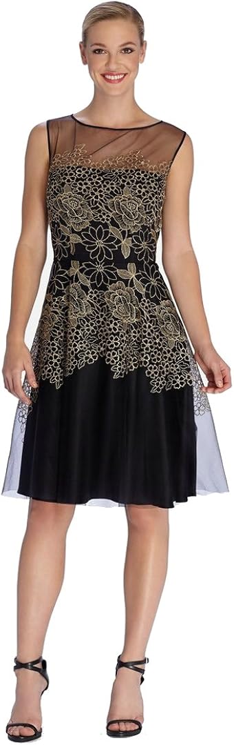 tahari embroidered fit and flare dress