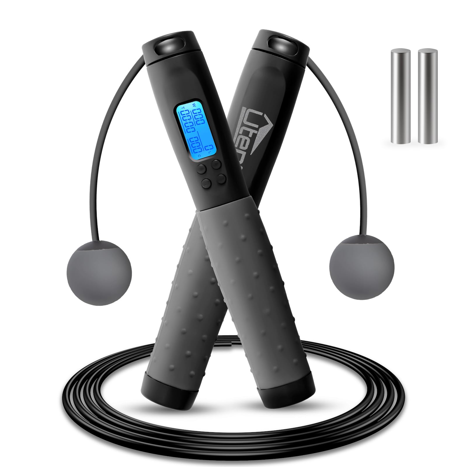 Uten Cordless Skipping Rope, Digital Ropeless Skipping Rope with Counter, Adjustable Length Jumping Rope for Adults Kids, Weighted Handles, for Exercise, Fitness, Crossfit, Boxing, Gym