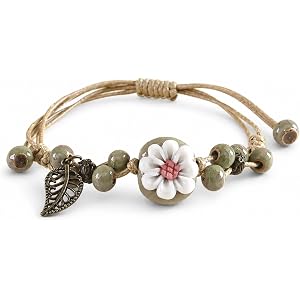 Boho Ceramic Bead Bracelet, Adjustable Braided Flower Charm for Women
