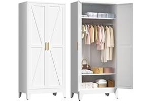 LCAOPC 71" Tall Metal Wardrobe Closet with Adjustable Shelves and Hanging Rod, 2 Doors Free Standing Armoire Wardrobe Cabinet for Bedroom, Office, Laundry Room, White