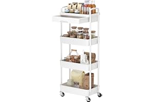 Dttwacoyh 4-Tier Rolling Cart，Trolley with Drawer, Kitchen Storage Organizer with Plastic Shelf & Metal Wheels, Storage Cart for Living Room, Kitchen, Office, Bathroom, White