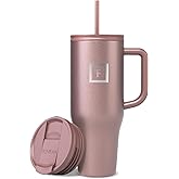 IRON °FLASK Co-Pilot Insulated Mug w/Straw & Flip Cap Lids - Cup Holder Bottle for Hot, Cold Drink - Leak-Proof - Water, Coffee Portable Travel Mug - Rose Gold, 40 Oz