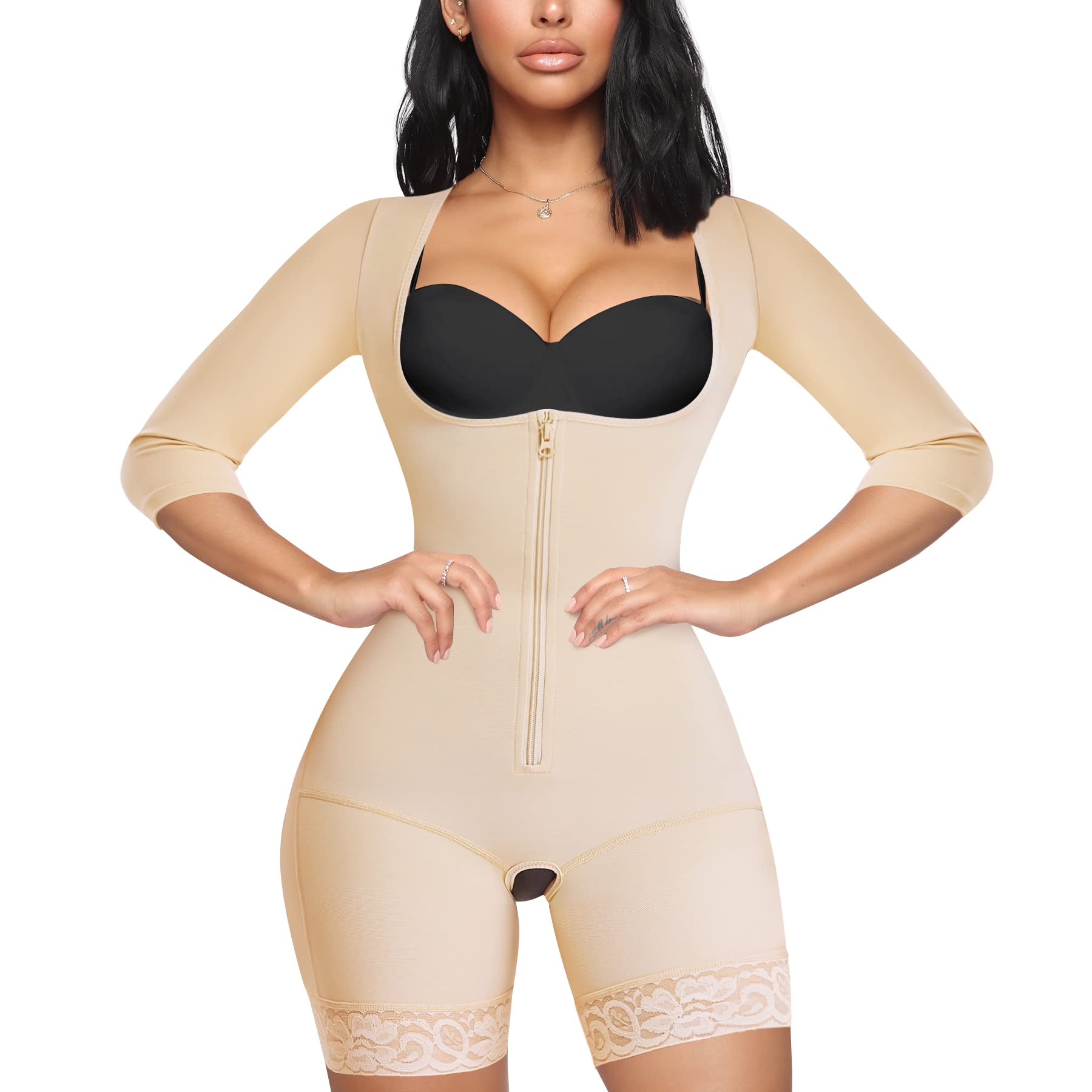 Photo 1 of MERYOSZ Full Body Waist Trainer for Women Zipper Tummy Control Bodysuit Upper Arm Shaper Open Bust Slimmer Corset Shapewear (Beige, XL)