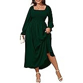 SHESTARR Women's Plus Size Maxi Dress Long Sleeve Square Neck Smocked Flowy A-Line Boho Wedding Party Maxi Dress