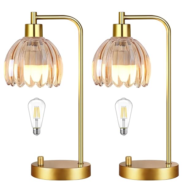 ILLMTW GLASS TABLE LAMP SET OF 2,SMALL GOLD BEDSIDE LAMPS DIMMABLE BOHO BEDROOM LAMP WITH TULIP FLOWER AMBER LAMP SHADE,VINTAGE MID CENTURY MODERN MINI NIGHTSTAND LAMP FOR BEDROOM LIVING ROOM