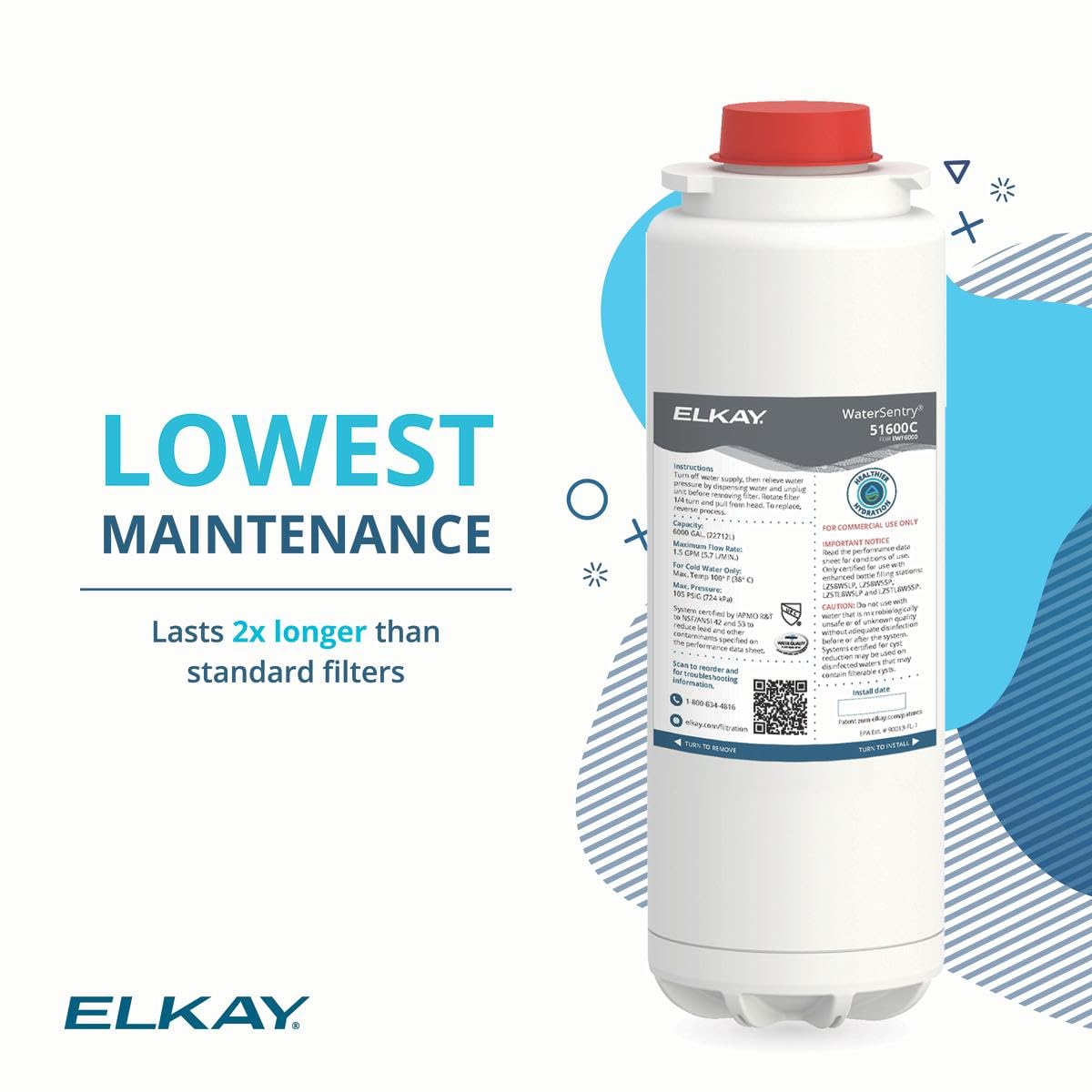 Elkay WaterSentry 51600C Lead + Microplastics NSF/ANSI Certified High-Capacity Filter (Enhanced Bottle Fillers), White