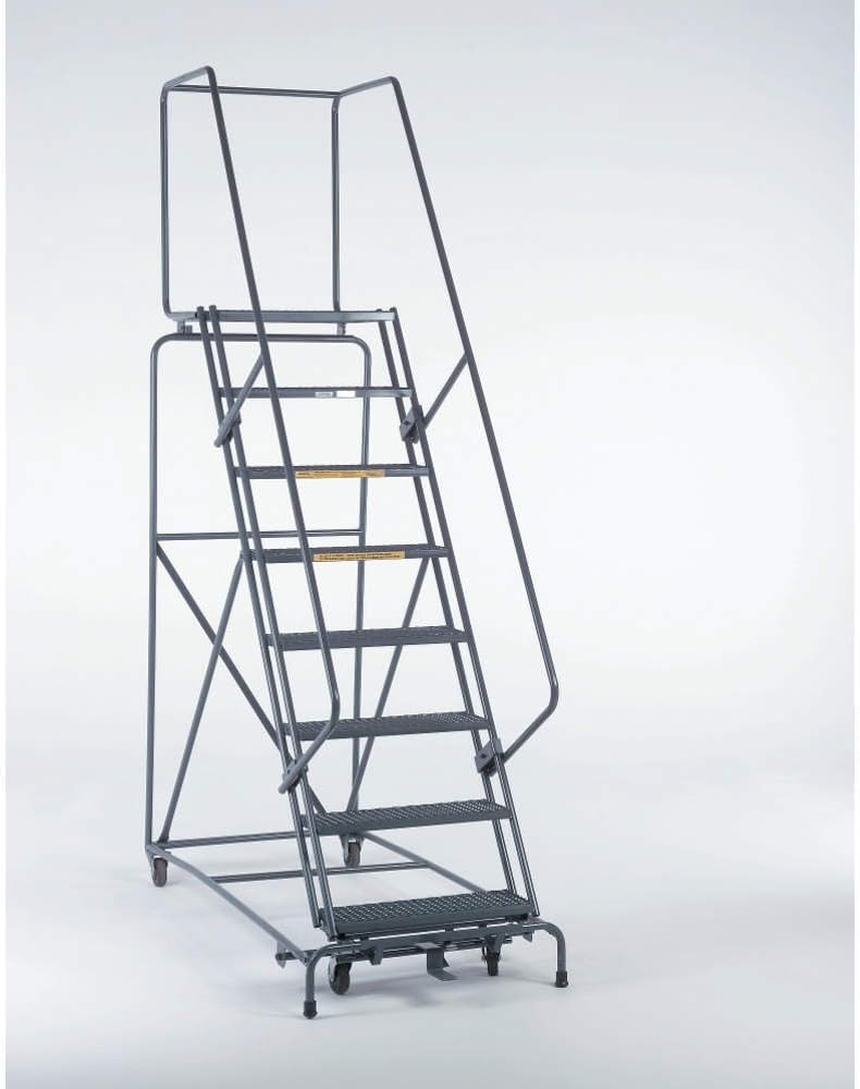 Ballymore 113214X Steel M-2000 Series Rolling Safety Ladder with Handrails, Expanded Metal Tread, Unassembled, OSHA/ANSI Standard, 11 Steps, 24" Step Width, 14" Top Step Deep, Gray
