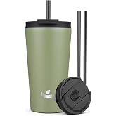 Konokyo 18 oz Insulated Tumbler Water Bottle with Straw Lid, ArmyGreen | Stainless steel insulated tumbler for coffee, water and iced drinks; spill-proof lid, 2 straws, cup-holder friendly