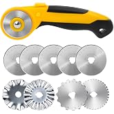 AUTOTOOLHOME 45mm Rotary Cutter for Fabric with 9 Replacement Rotary Blades | Automatic Fabric Cutter with Straight, Crochet, Perforation and Pinking Rotary Blades for Quilting, Sewing, Paper and Crafts