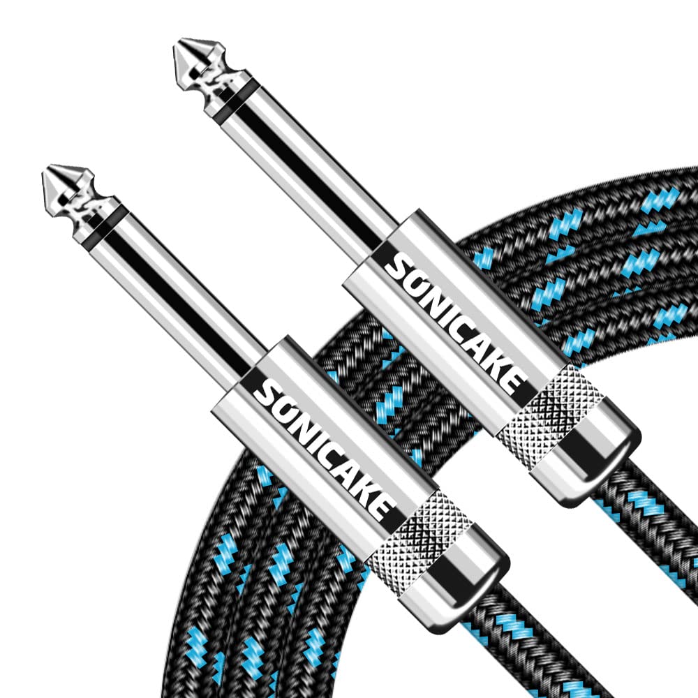 SONICAKE Braided Guitar Cable 3m/10ft Guitar Instrument Cable 6.35mm 1/4" Straight Angle to Straight Black Blue