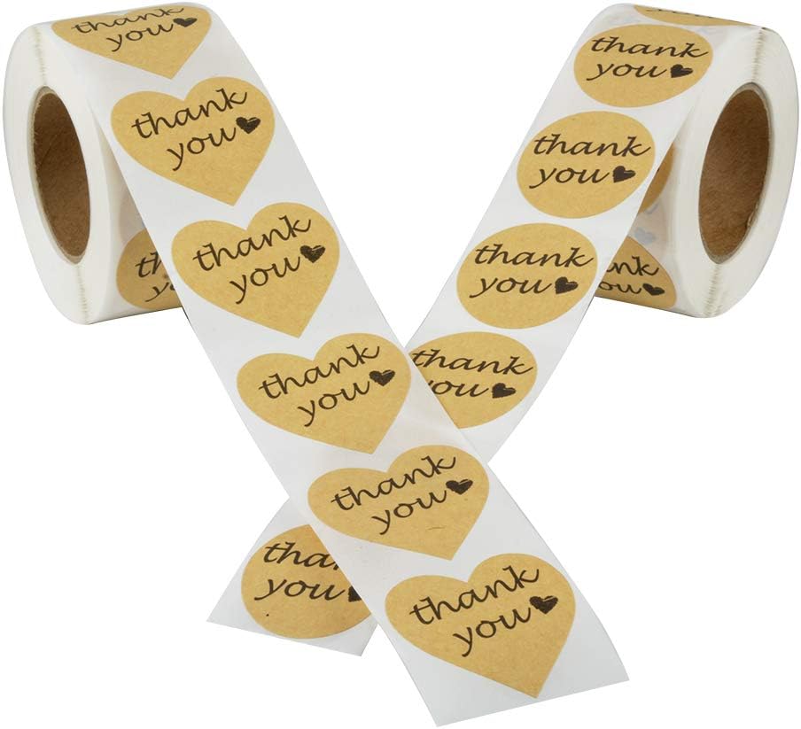 2 Rolls Thank You Stickers, Kraft Heart Shape & Round Adhesive Labels for Gift, Wedding, Party, Thank You Label Stickers( 1000pcs )