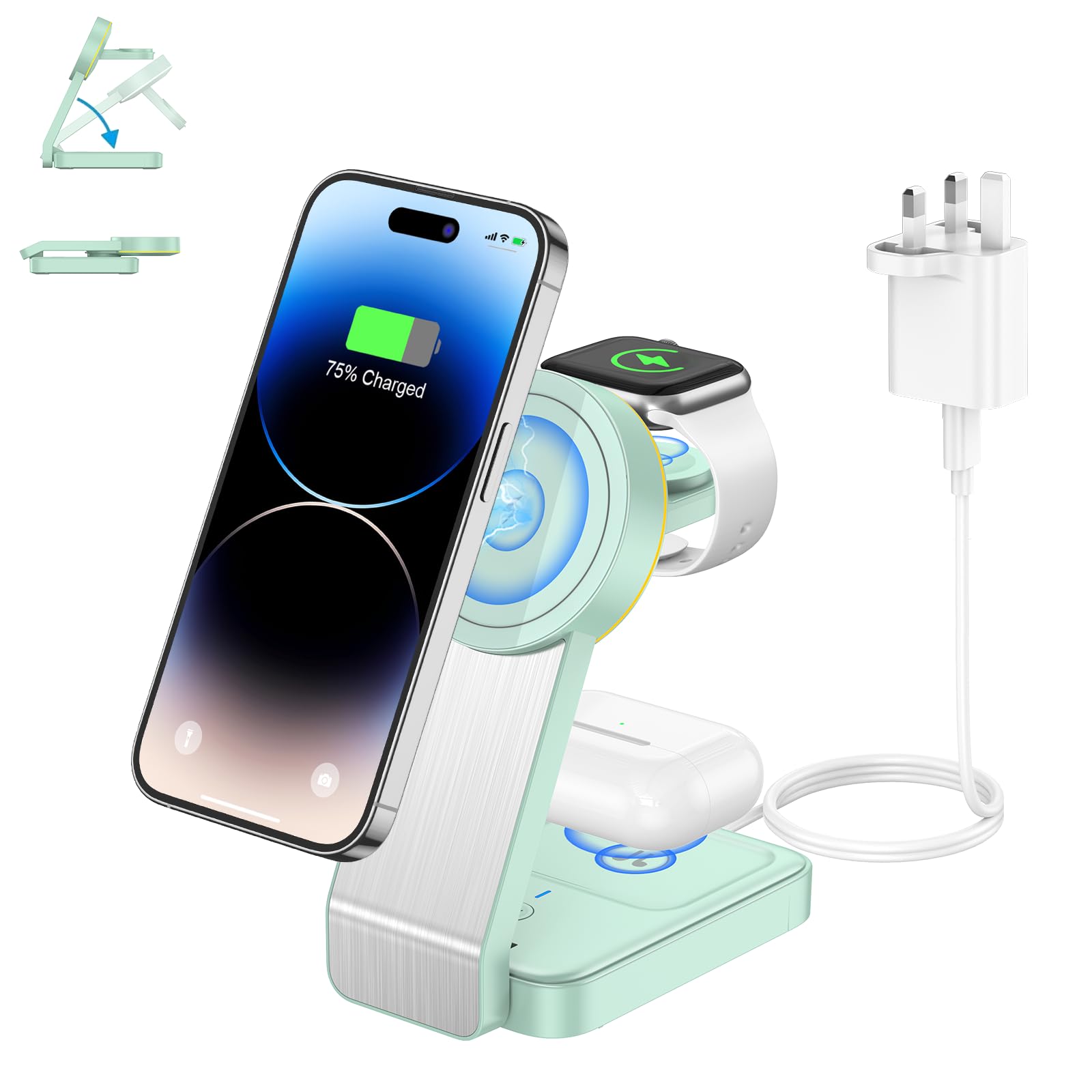 3 in 1 Wireless Charging Station-ADADPU iPhone Magnetic Portable Charger for iPhone 17/16/15/14/13/12, Mag-Safe Wireless Charger Stand for AirPods Pro 3 2 Apple Watch (Adapter Included)