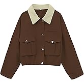 Megfie Womens Cropped Jacket Contrast Collar Utility Coat Cargo Jacket Barn Jacket Outwear with Pockets