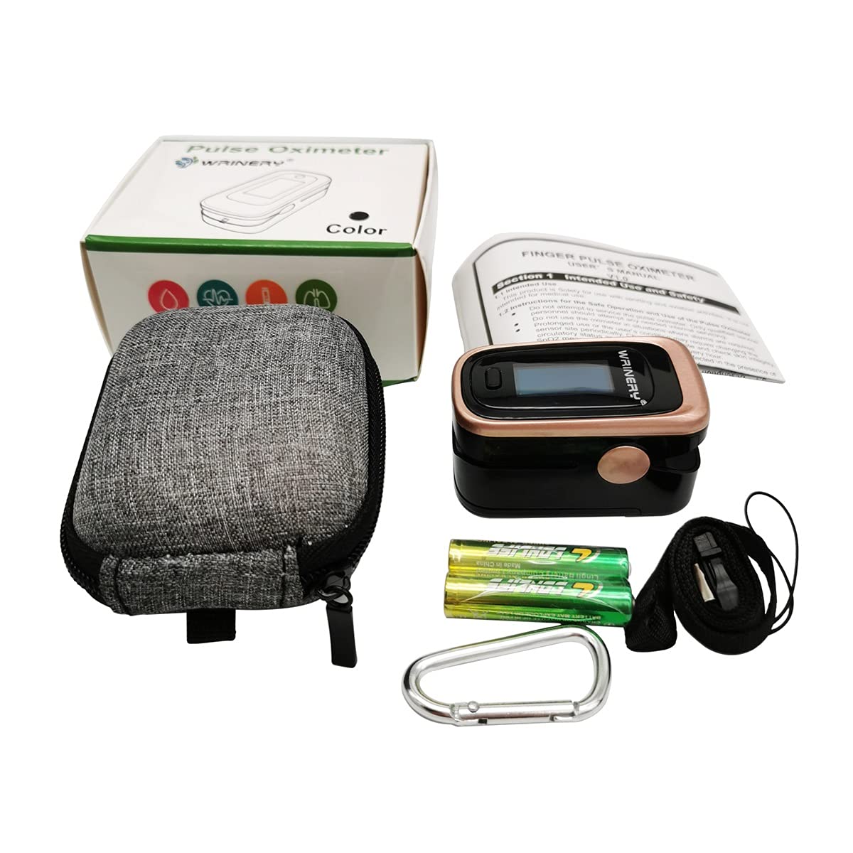 Oxygen Saturation Monitor, Wrinery Premium Pulse Oximeter Fingertip, Oxygen Monitor, O2 Saturation Monitor, OLED Portable Oximetry with Batteries, Lanyard (Rose gold-Royal black)