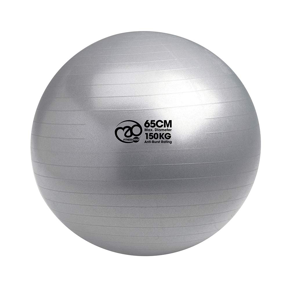 Fitness Mad 150Kg Anti Burst Swiss Ball (3 Sizes) Comes with Pump | Fitness | Pregnancy | Yoga | Pilates (65cm), silver, FBALL100