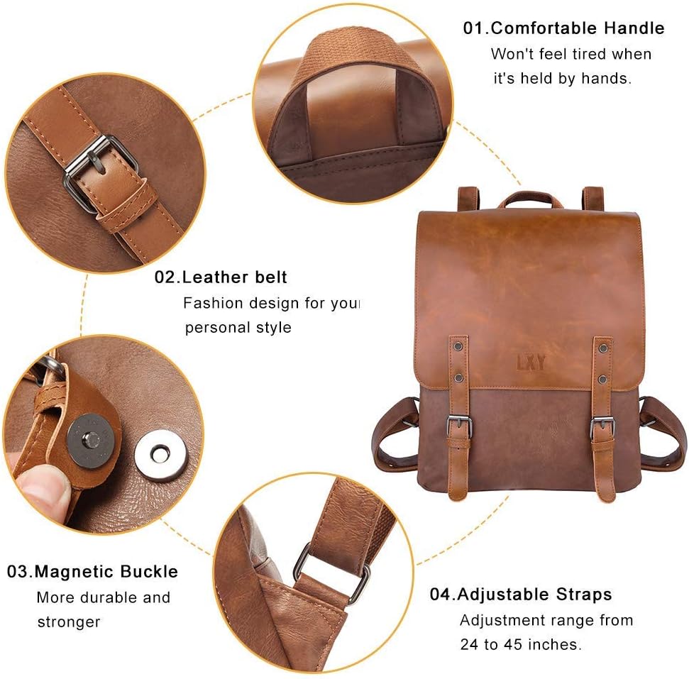 LXY Vegan Leather Backpack Vintage Laptop Bookbag for Women Men - Brown - One Size…, 14.3"H x 11"L x 3.9"W - Image 3