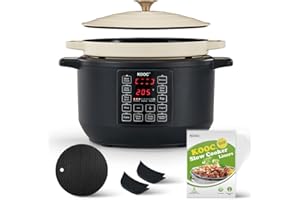 KOOC 10-in-1 Slow Cooker 6 qt White, Electric Dutch Oven, Slow Cook, Braise Pot, Sear/Sauté, Enameled Cast Iron with Self-Basting Lid, 1500W KDO600W