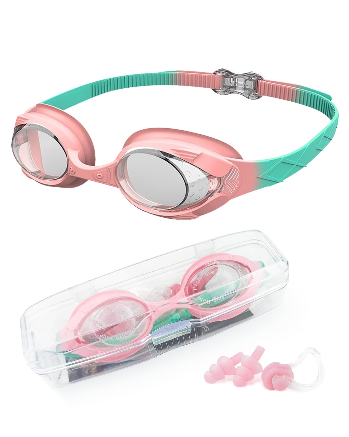 Kemraes Kids Swimming Goggles 3-14 Years Featuring Waterproof High-Definition Lenses Prevent Fogging Leaking Easily Adjustable Comfortable Strap Wide Vision Soft Silicone Goggles for Kids Pink Green