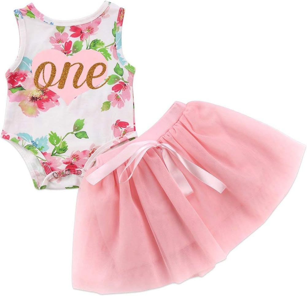 Baby Girl 2pcs Skirt Set Clothes 1st Birthday Outfit Floral Sleeveless Romper Lace Tutu Dress