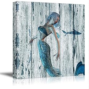 Canvas Wall Art Cartoon Beautiful Mermaid Painting Artwork for Home Prints Framed - 12x12 inches