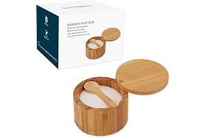 KITCHENDAO Bamboo Salt Cellar Bowl Box with Built-in Spoon to Avoid Dust, Elegant Kitchen Salt Container Holder with Swivel M