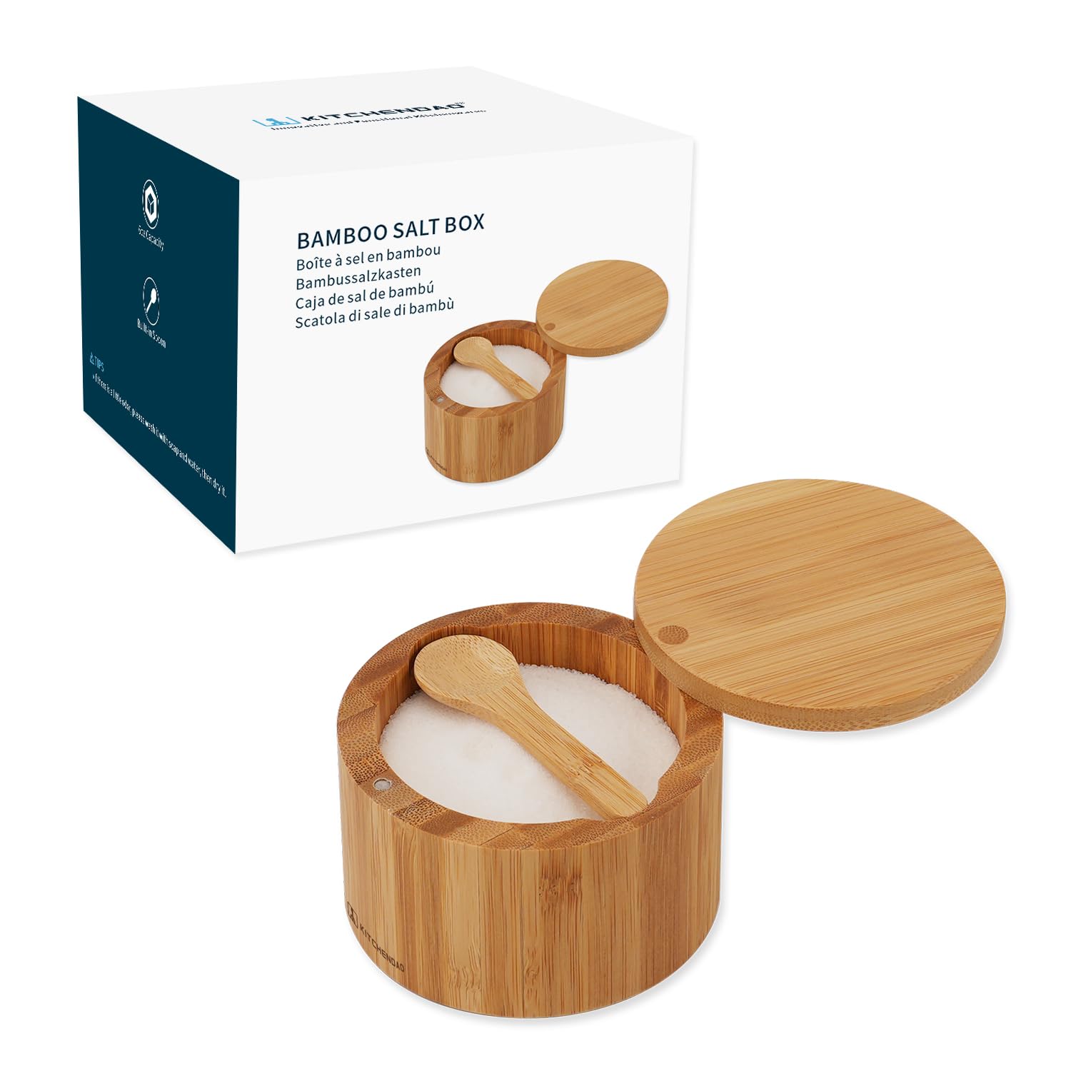 KITCHENDAO Bamboo Salt Box with Built-in Spoon to Prevent Dust, Elegant Seasoning Box, Kitchen Salt Pepper Spice Cellars Storage Container with Swivel Magnetic Lid - 6oz