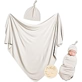 Rayon Made from Bamboo Newborn Swaddle Blanket Set with Matching Beanie, Super Soft Stretchy Baby Clothes Outfit for Girl Boy, Receiving Blankets Newborn Essentials, 35 x 35 Inch