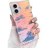 Heaofei Cute Case for iPhone 16 Case for Women Girls with Iridescent Cloud Pattern Design, Aesthetic Trendy Girly Matte Glitter Sparkly Rainbow Rectangle Protective Phone Cover, Sun Set Sky