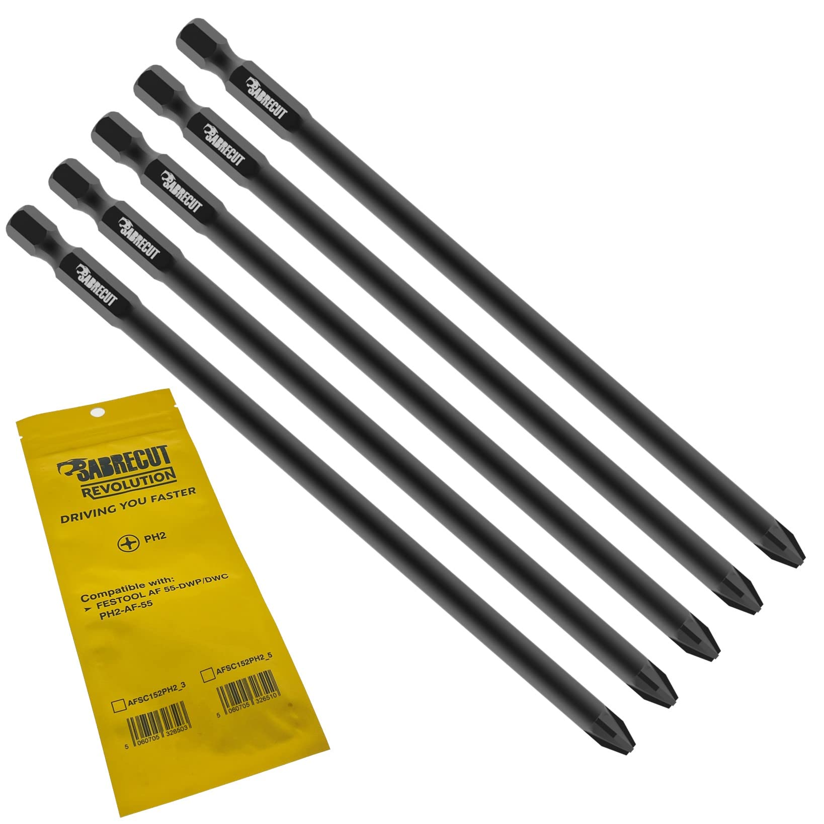 5 x SabreCut AFSC152PH2_5 152mm PH2 for Festool AF 55-DWP/DWC PH2-AF-55 Autofeed Collated Drywall Screwdriver Gun Bit Single Ended Phillips No.2 Heavy Duty